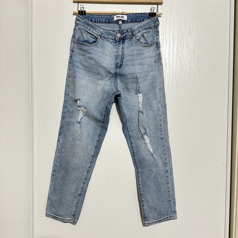 Wax Womens Jeans Size 9 Blue Relaxed High Rise Distressed Straight Ankle Leg
